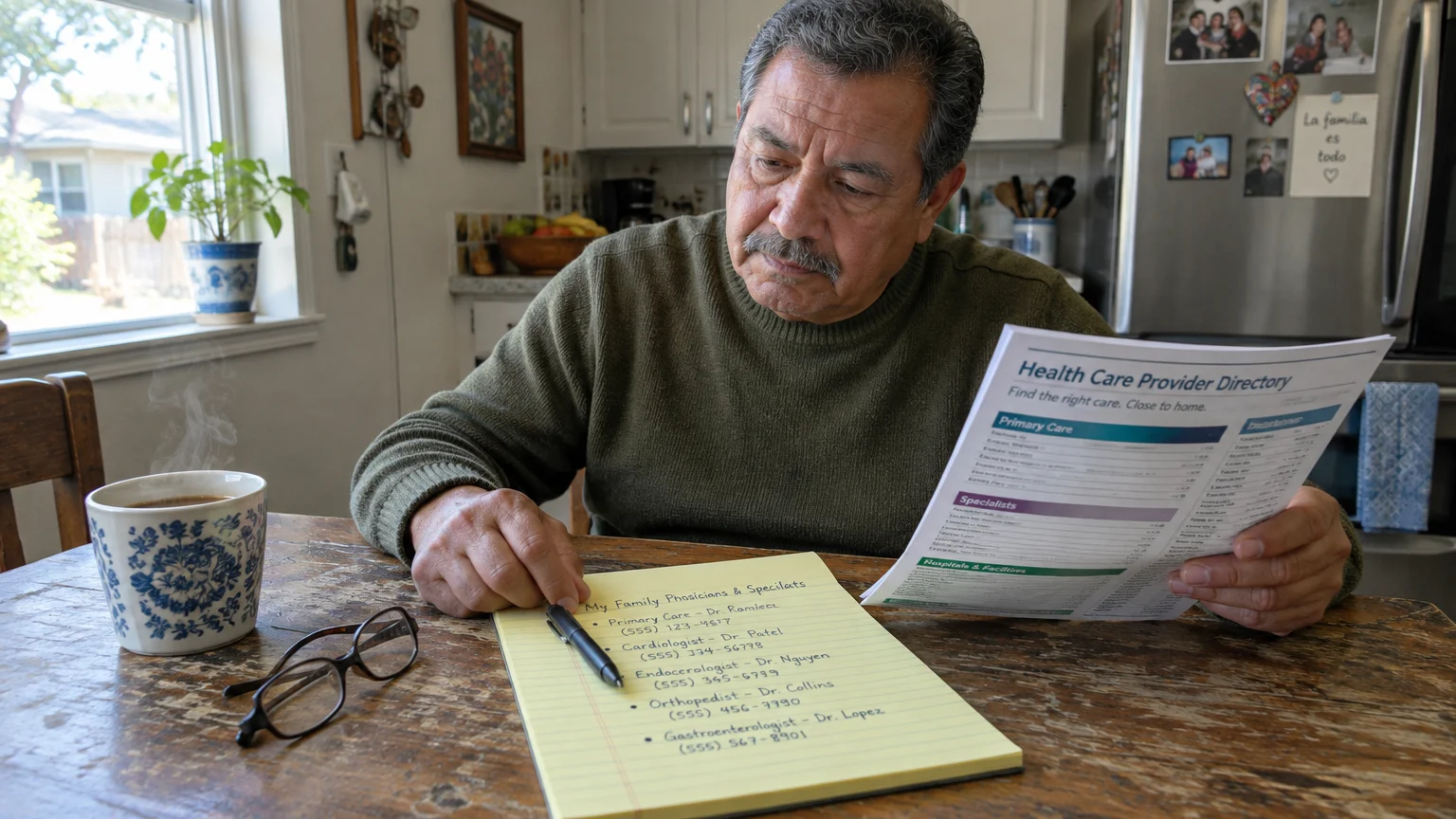A man reviews a health care provider directory while holding a pen beside a handwritten list of family doctors.