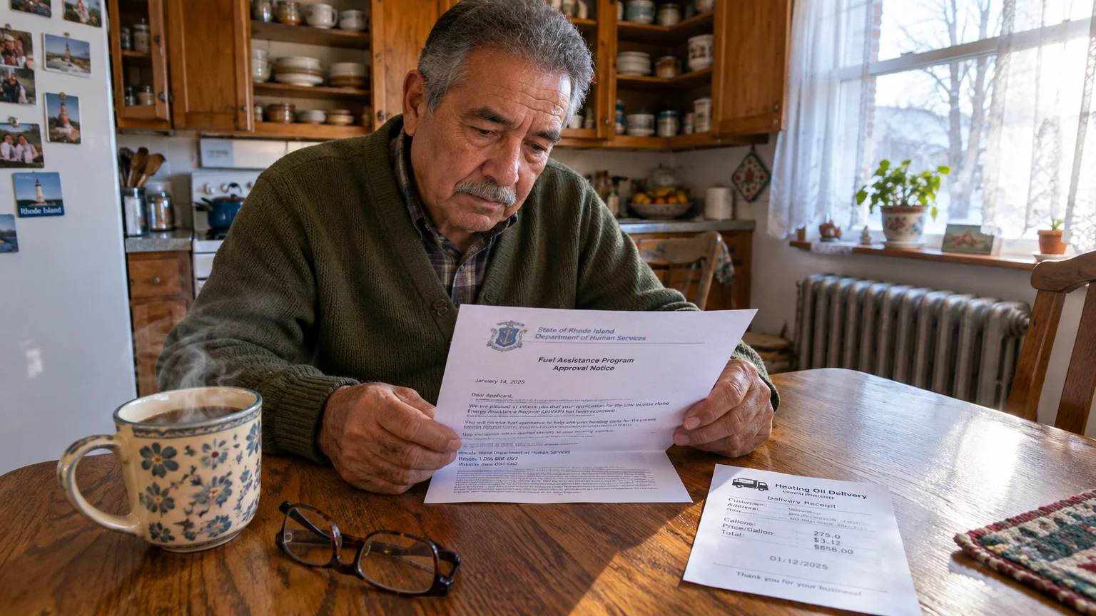 An older man sits at a kitchen table reading a fuel assistance approval notice next to a heating oil receipt.