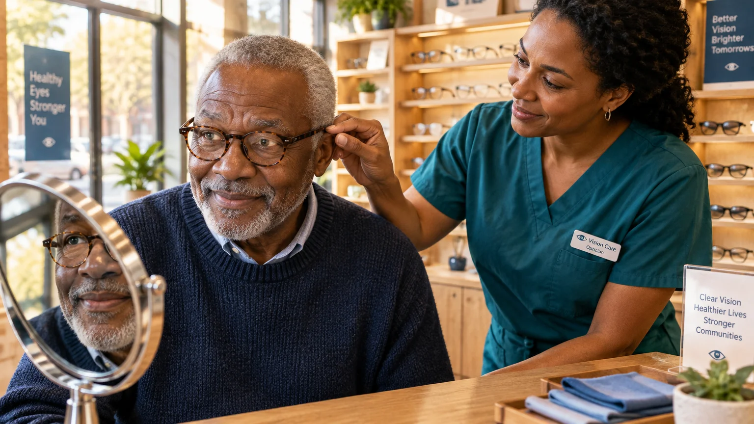 An optician in scrubs adjusts eyeglasses on a smiling senior man looking into a table mirror in an optical shop.
