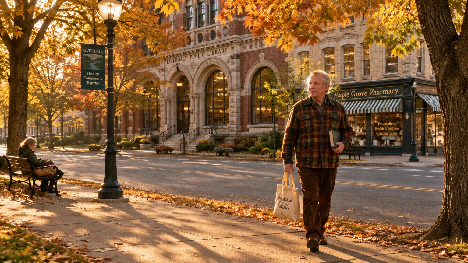 A senior man walks along a sunlit autumn sidewalk past a public library and pharmacy with fall foliage.