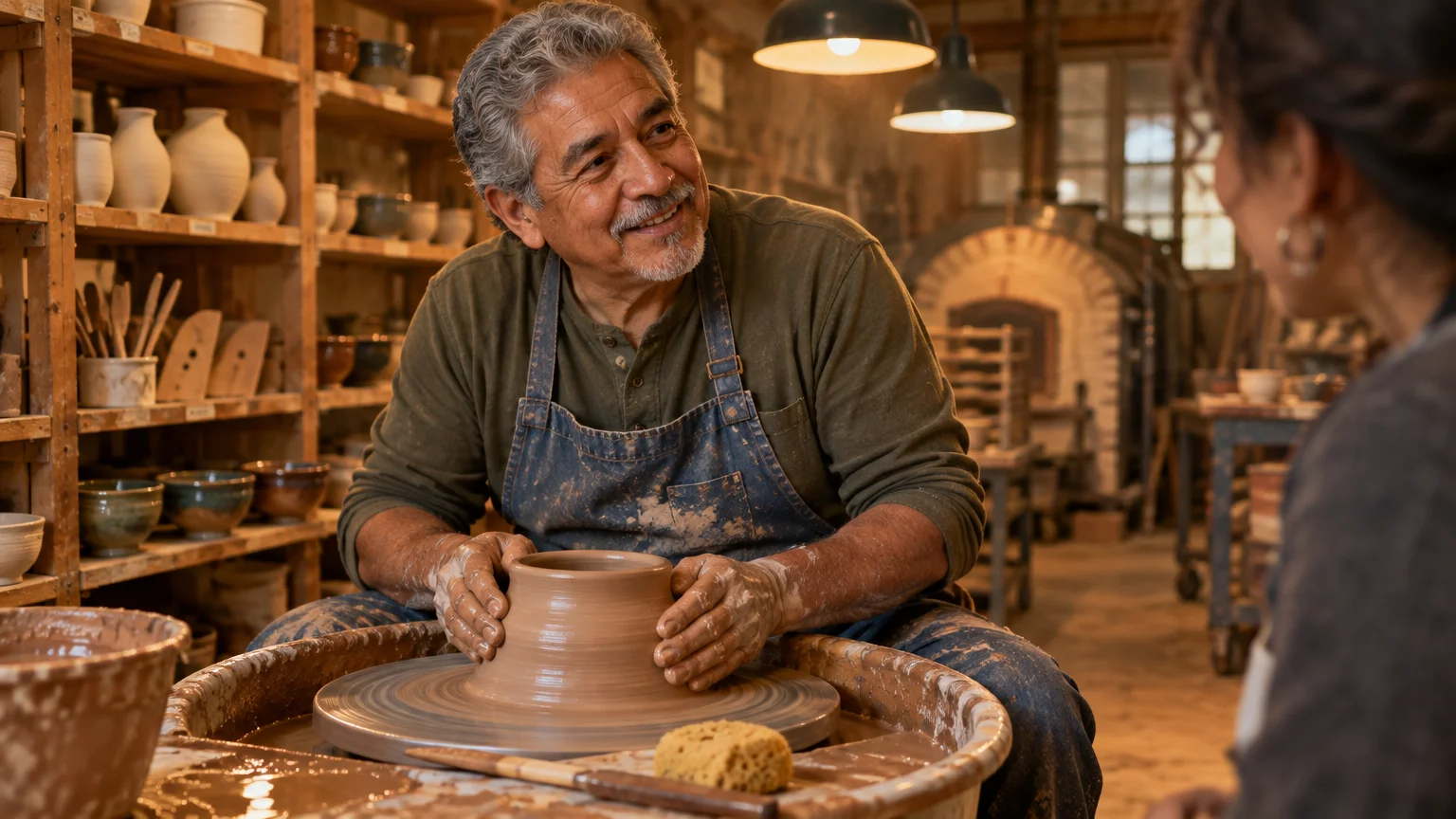 Smiling man shaping clay on a pottery wheel while looking at another person in a sunlit ceramics studio.