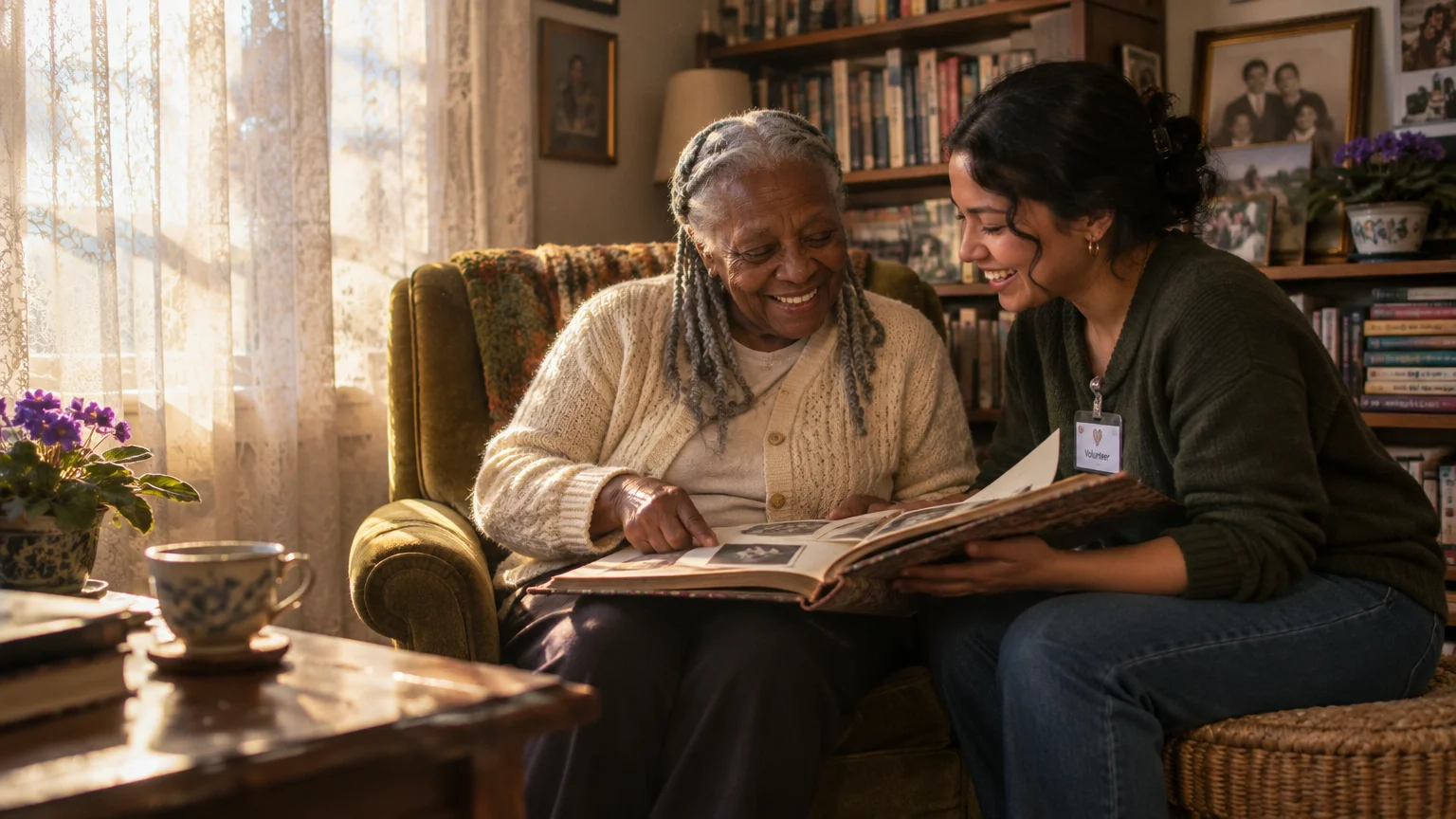 An older woman and a young volunteer sit side by side smiling while looking through an open photo album.