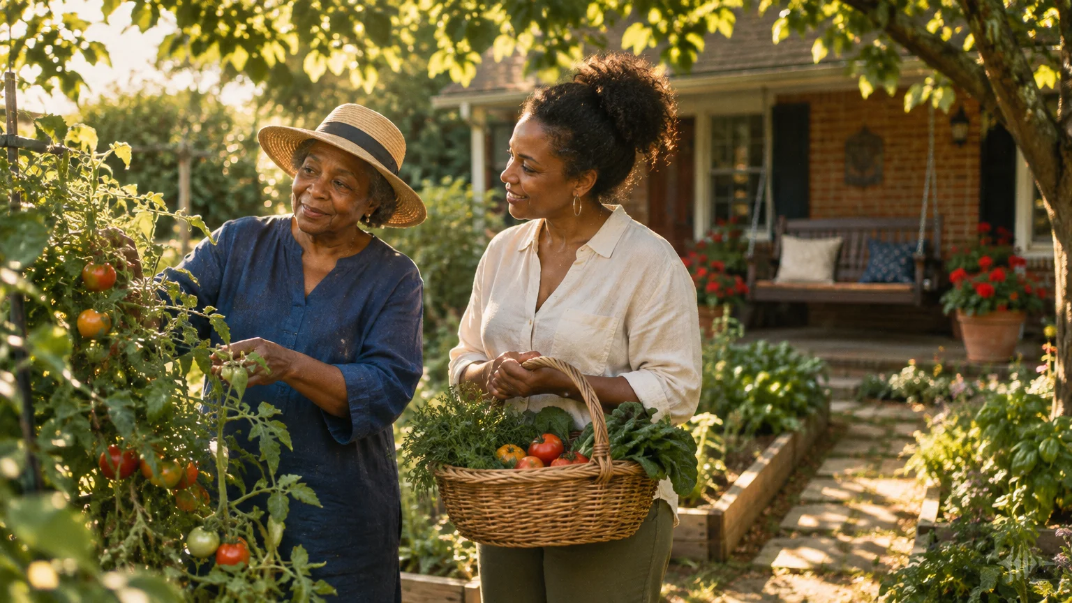 Two women harvesting fresh vegetables in a lush garden outside a brick house.