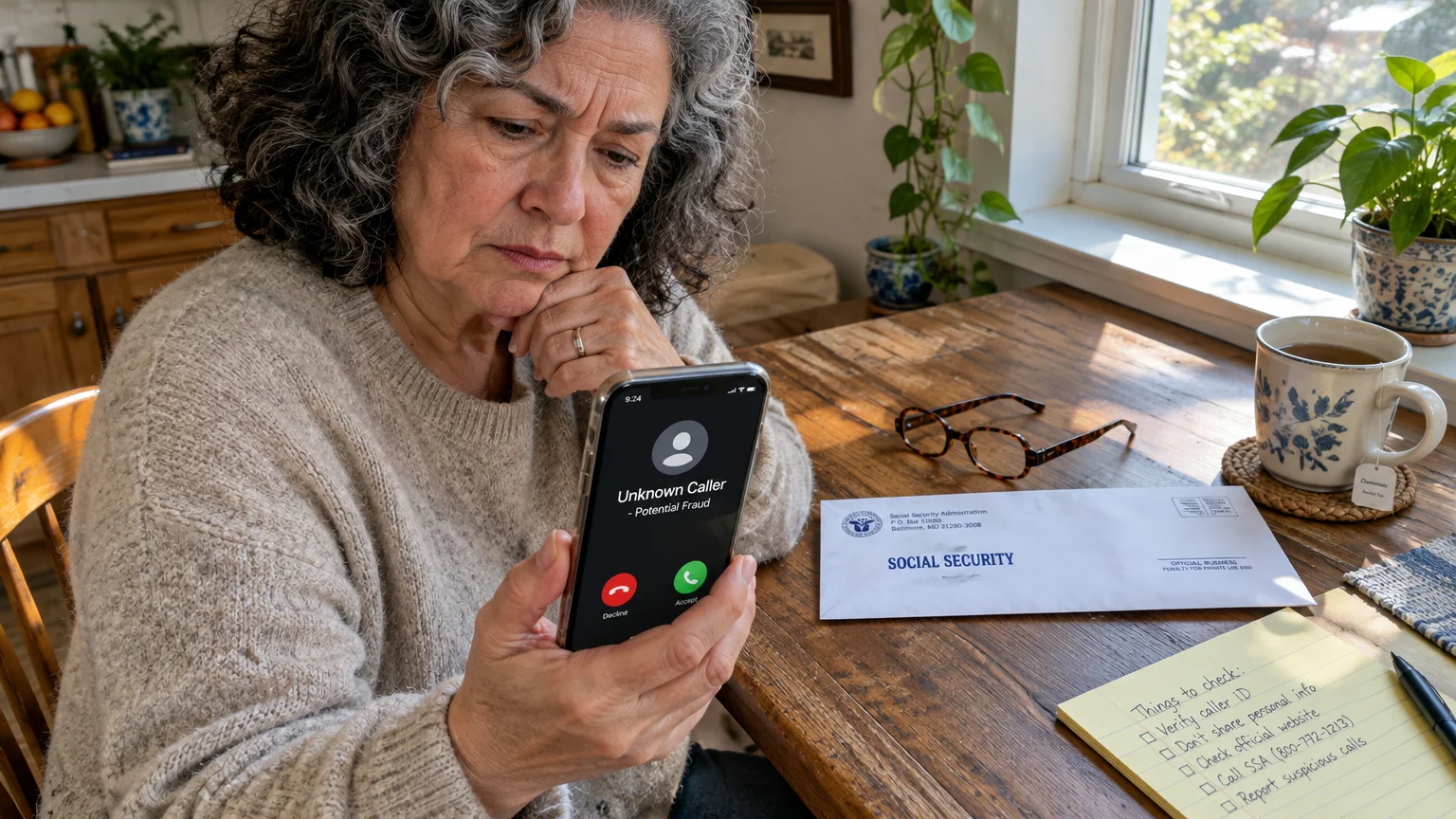 An older woman looks at a phone screen showing a potential fraud call beside a Social Security envelope on a table.