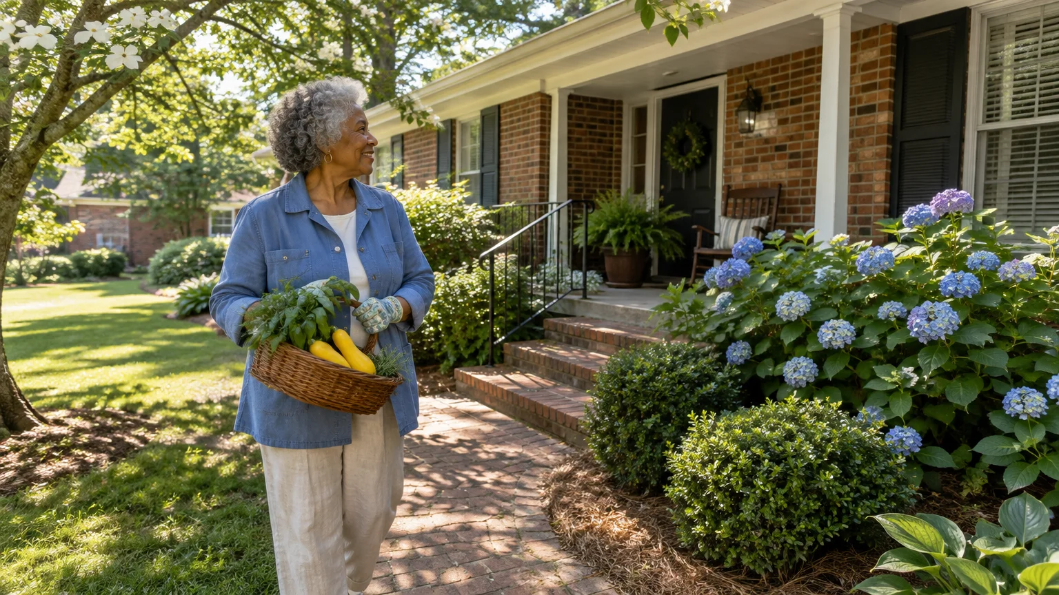 Smiling senior woman carrying a woven basket of fresh vegetables on a brick path outside a suburban brick house.