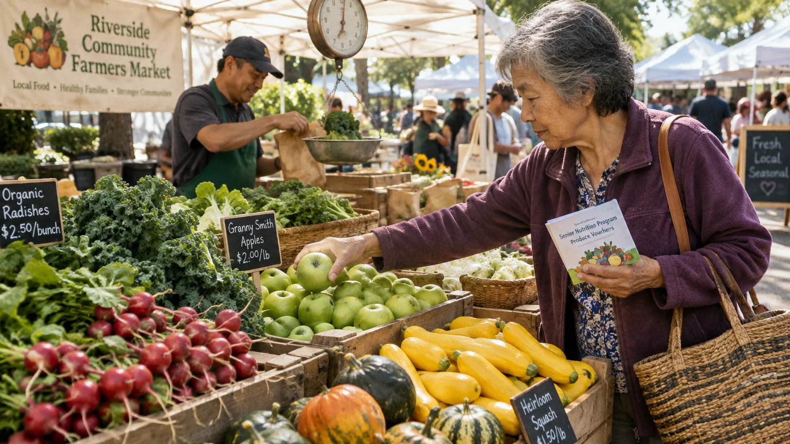 An older woman holds produce vouchers while selecting green apples at an outdoor farmers market stall.