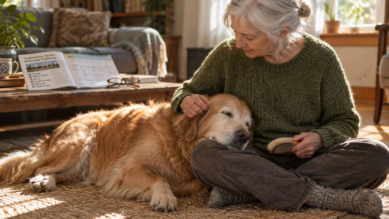 Senior woman sitting on a living room rug, brushing a golden retriever resting its head on her lap.