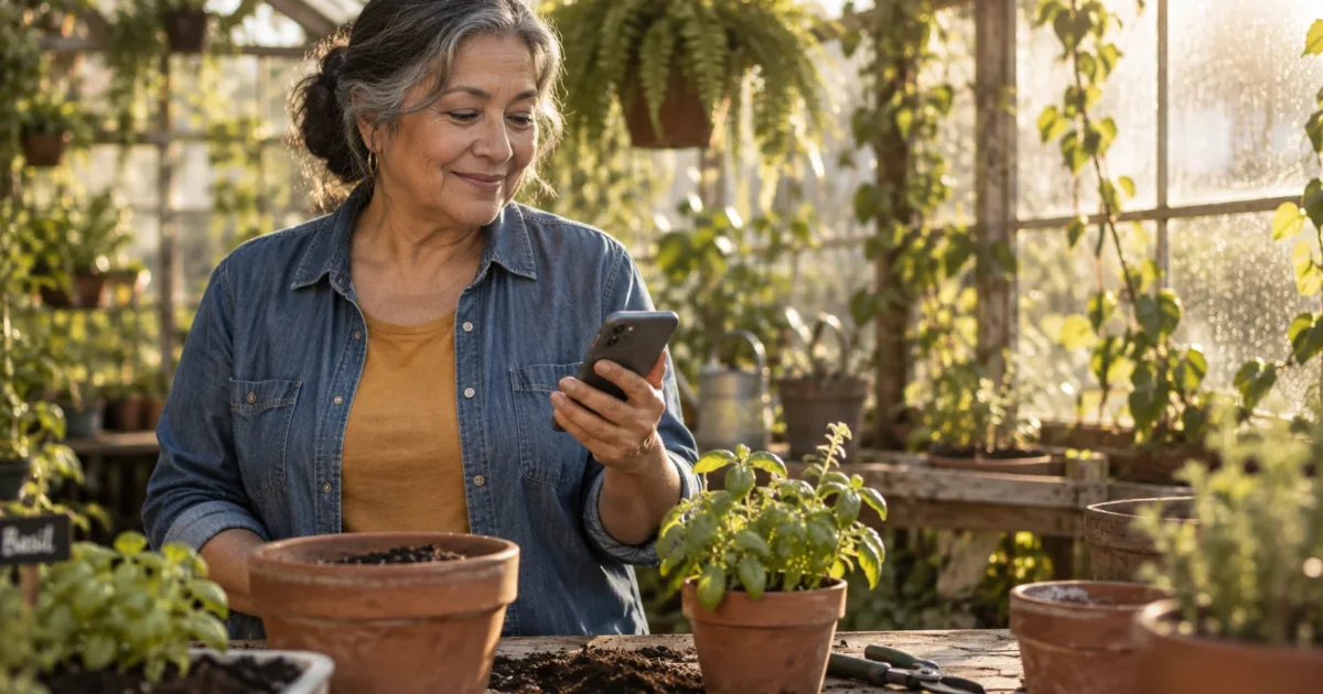 An older woman looks at her smartphone while potting plants inside a sunlit greenhouse.