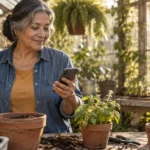 An older woman looks at her smartphone while potting plants inside a sunlit greenhouse.