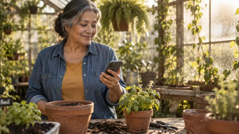 An older woman looks at her smartphone while potting plants inside a sunlit greenhouse.