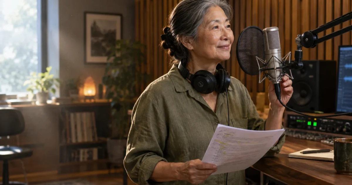 Smiling older woman holding a script in front of a studio microphone with headphones around her neck.