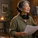 Smiling older woman holding a script in front of a studio microphone with headphones around her neck.