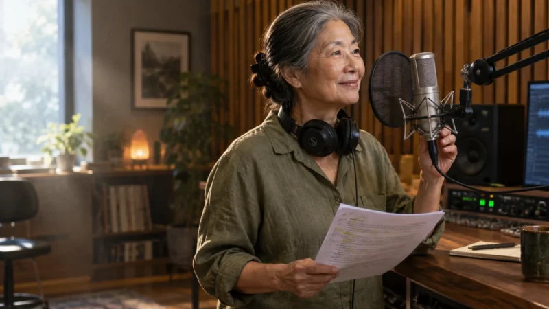Smiling older woman holding a script in front of a studio microphone with headphones around her neck.