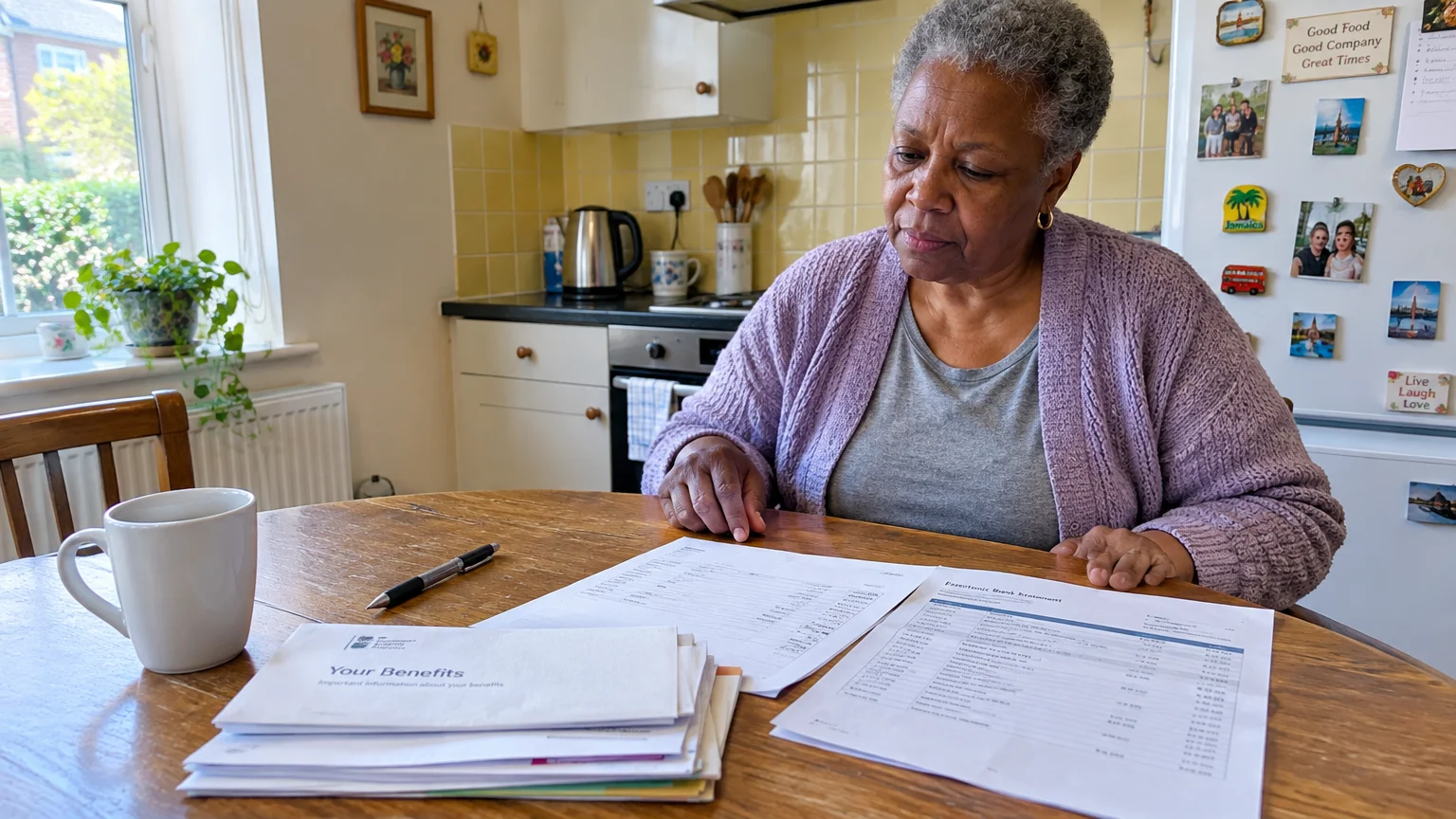An older woman in a lavender cardigan sits at a kitchen table reviewing benefits paperwork beside a mug.