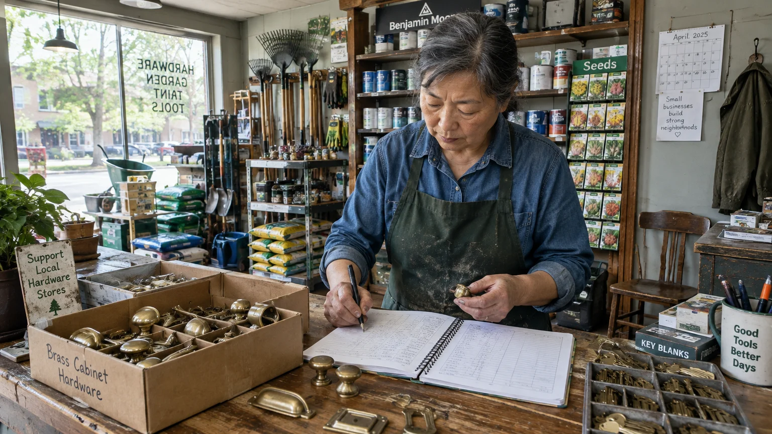 An older woman in a hardware store writes in an inventory ledger while inspecting brass cabinet hardware at the counter.