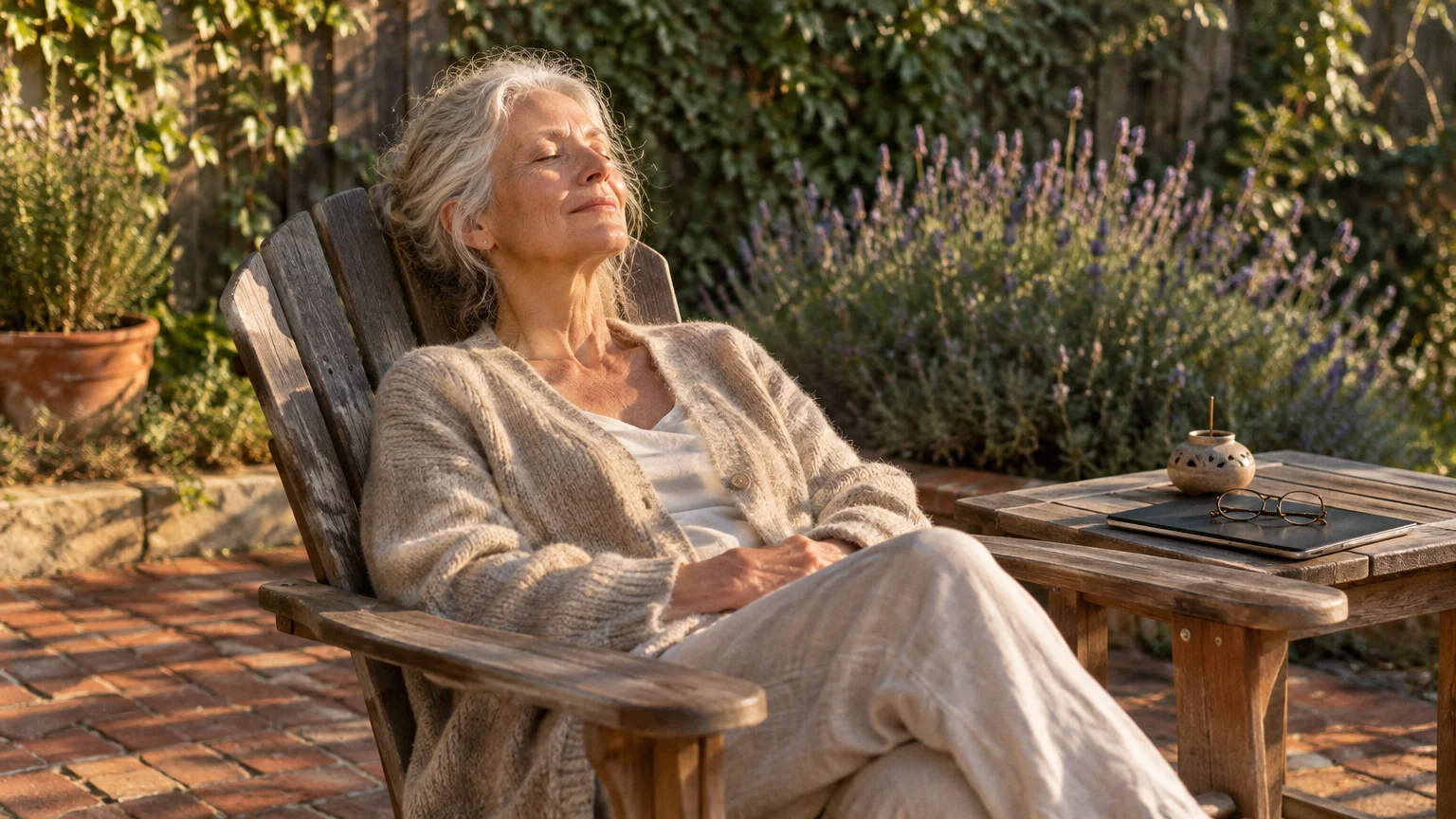 Senior woman relaxing with eyes closed in a wooden chair on a sunny garden patio beside a closed laptop.