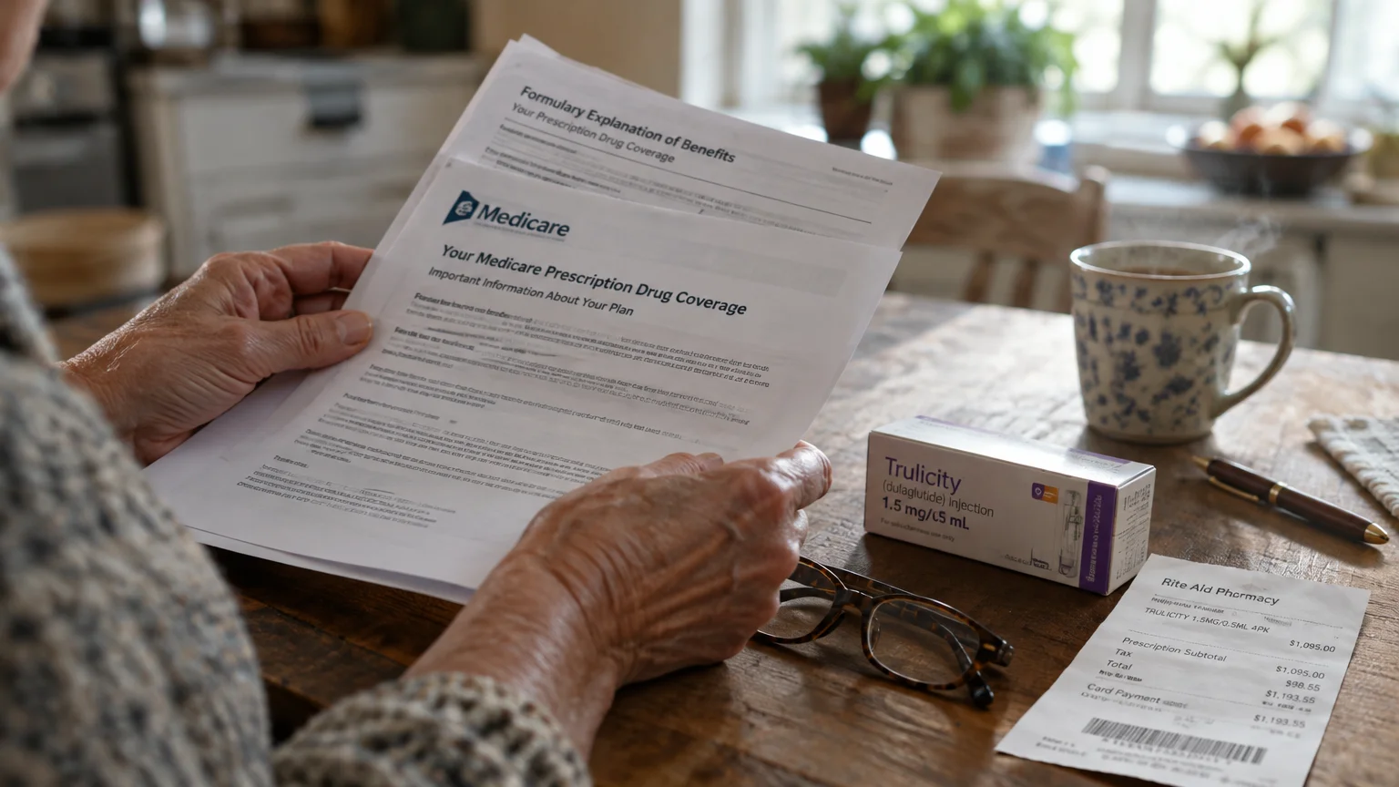 A person holds Medicare coverage documents at a table beside a box of Trulicity, eyeglasses, and a pharmacy receipt.