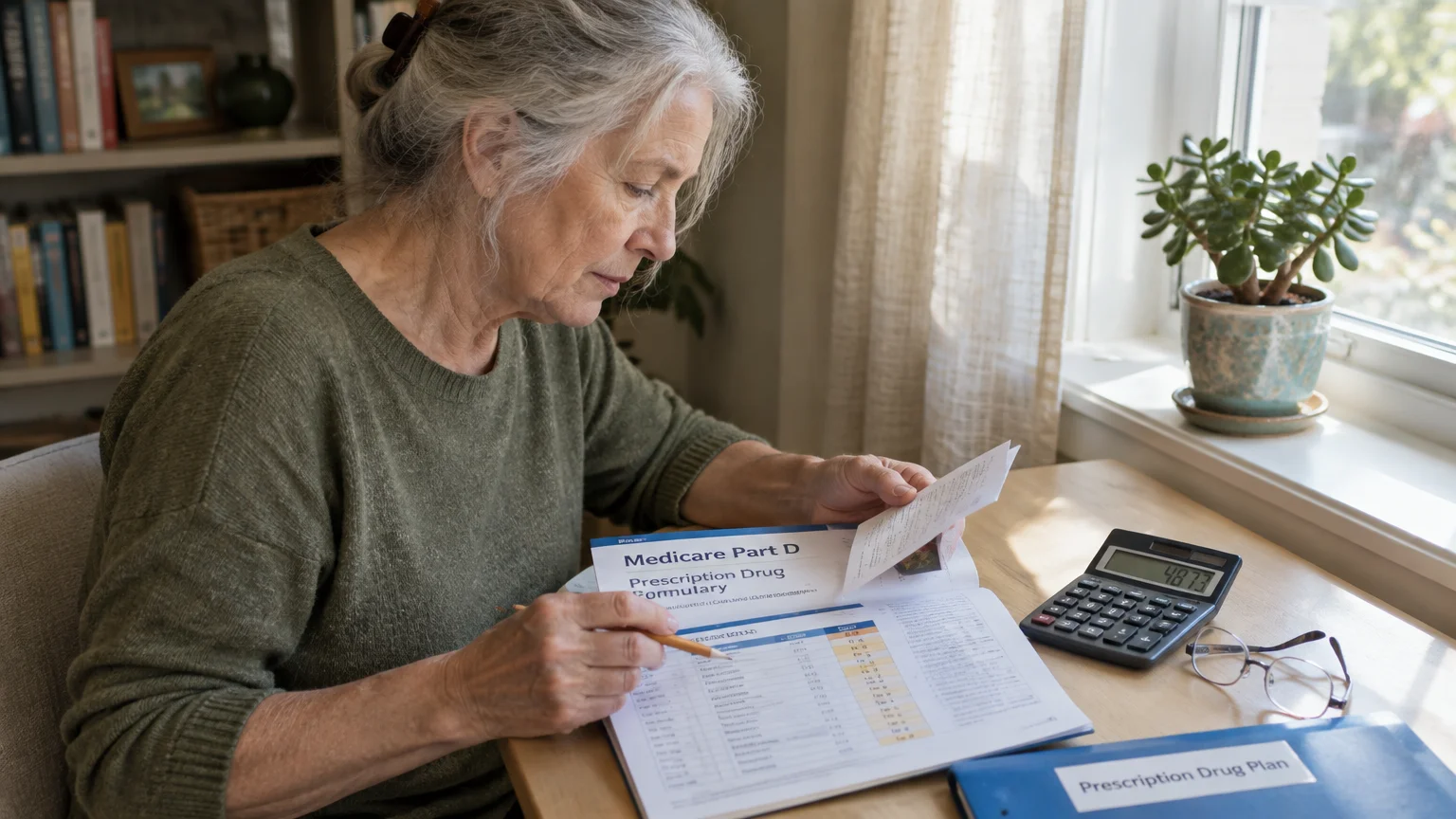 Senior woman reviewing a Medicare Part D prescription formulary booklet at a desk with a calculator and glasses.