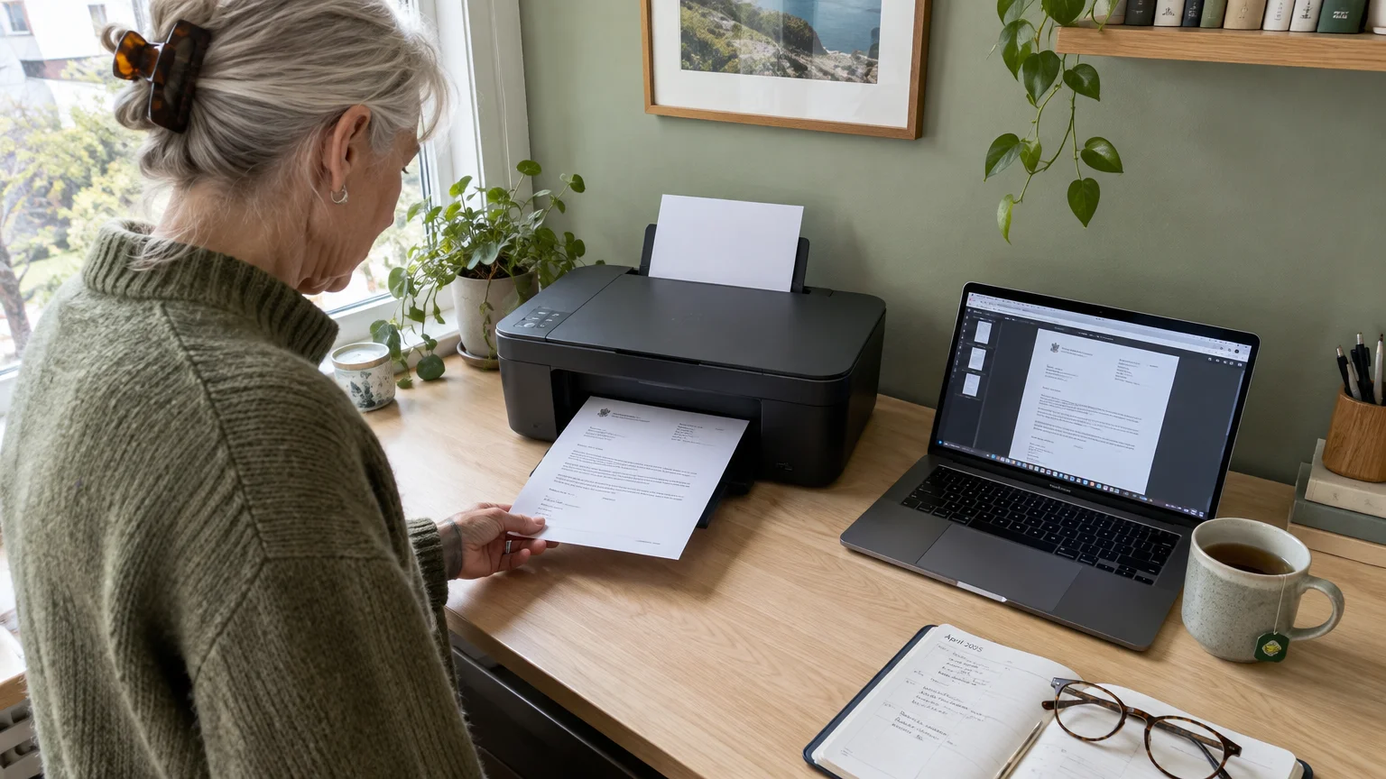 Senior woman holding a printed document emerging from a desktop printer beside an open laptop on a wooden desk.