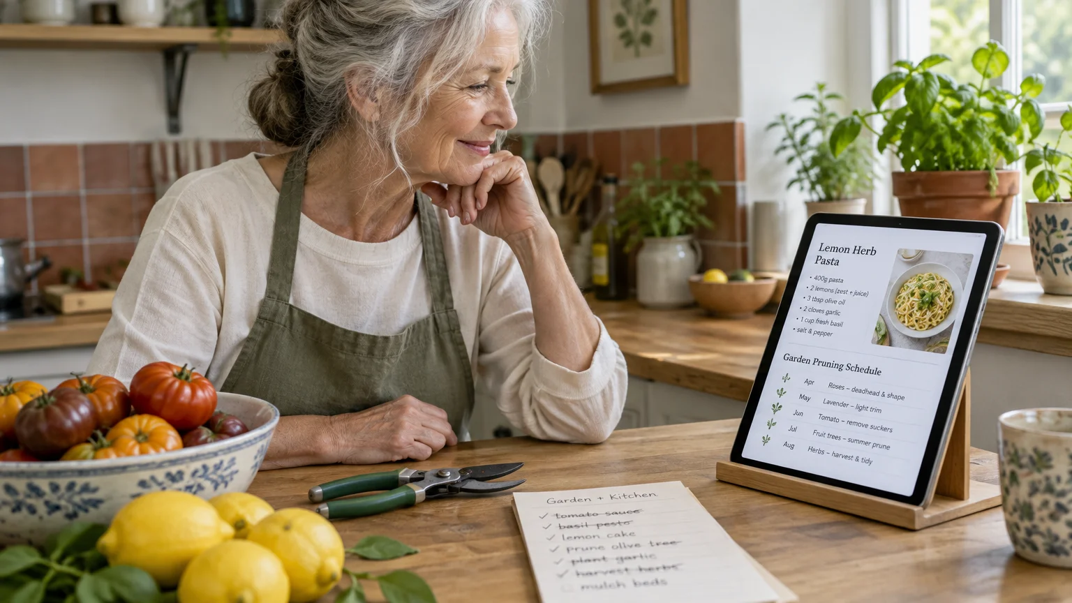 A smiling older woman in an apron looks at a recipe and gardening schedule displayed on a tablet in a rustic kitchen.