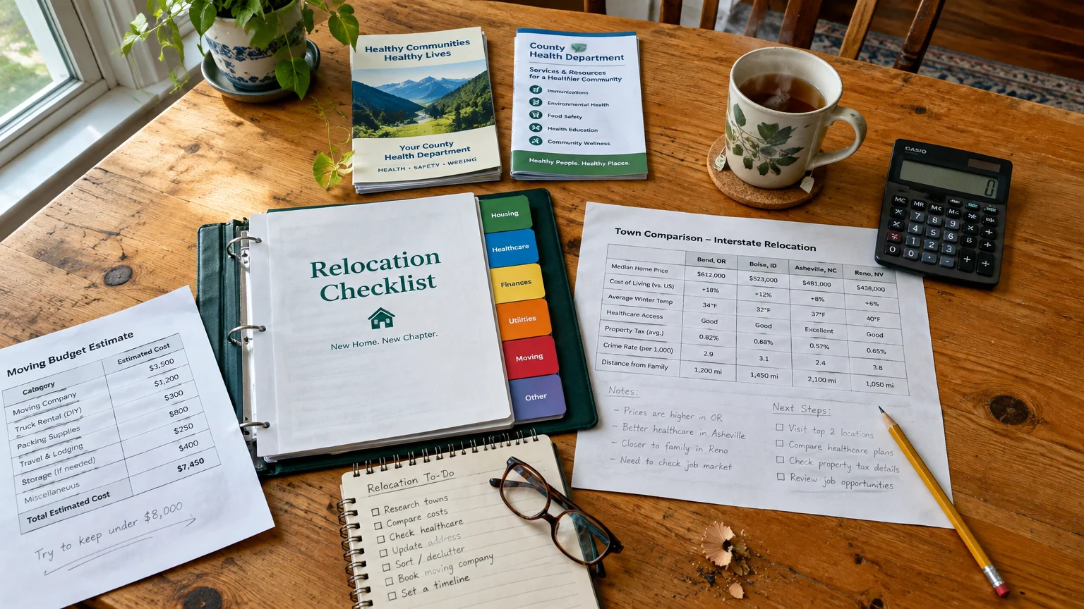 A wooden desk with a relocation checklist binder, budget sheets, town comparison notes, calculator, eyeglasses, and tea.