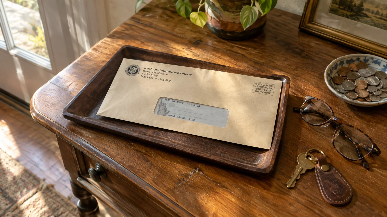 A U.S. Treasury Department envelope in a wooden tray on a wooden table beside keys, eyeglasses, and a dish of coins.