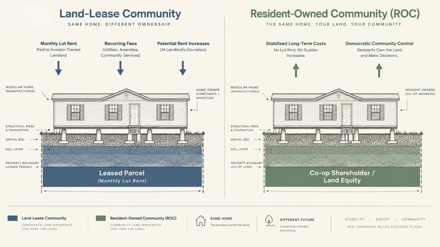 Diagram comparing manufactured home ownership in a land-lease community versus a resident-owned community.