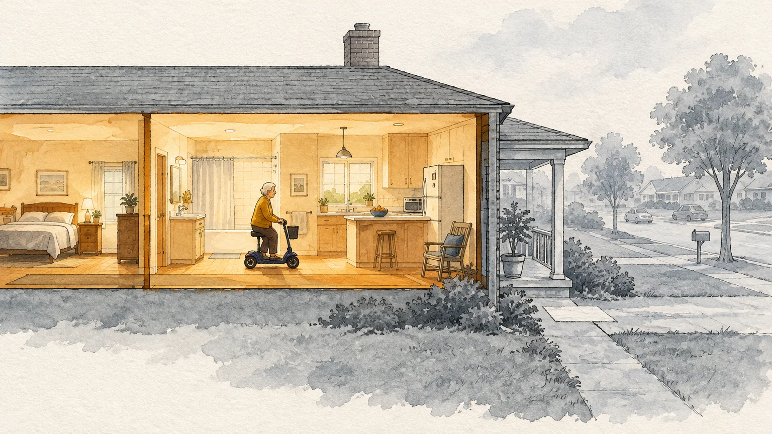 Cutaway illustration of a house showing a woman riding a mobility scooter inside between warm-lit rooms.