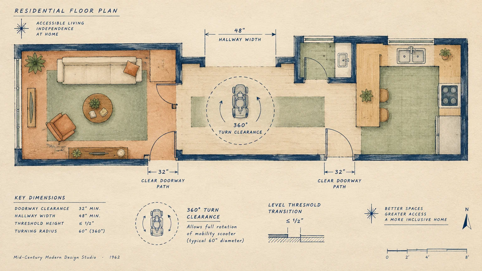 Architectural floor plan illustration showing scooter turn clearance, hallway width, and doorway measurements for accessibility.