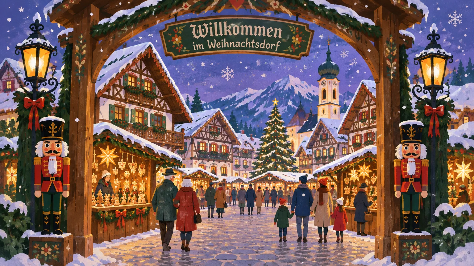 Illustration of a snowy German Christmas market with nutcrackers framing a wooden archway, stalls, and festive village.