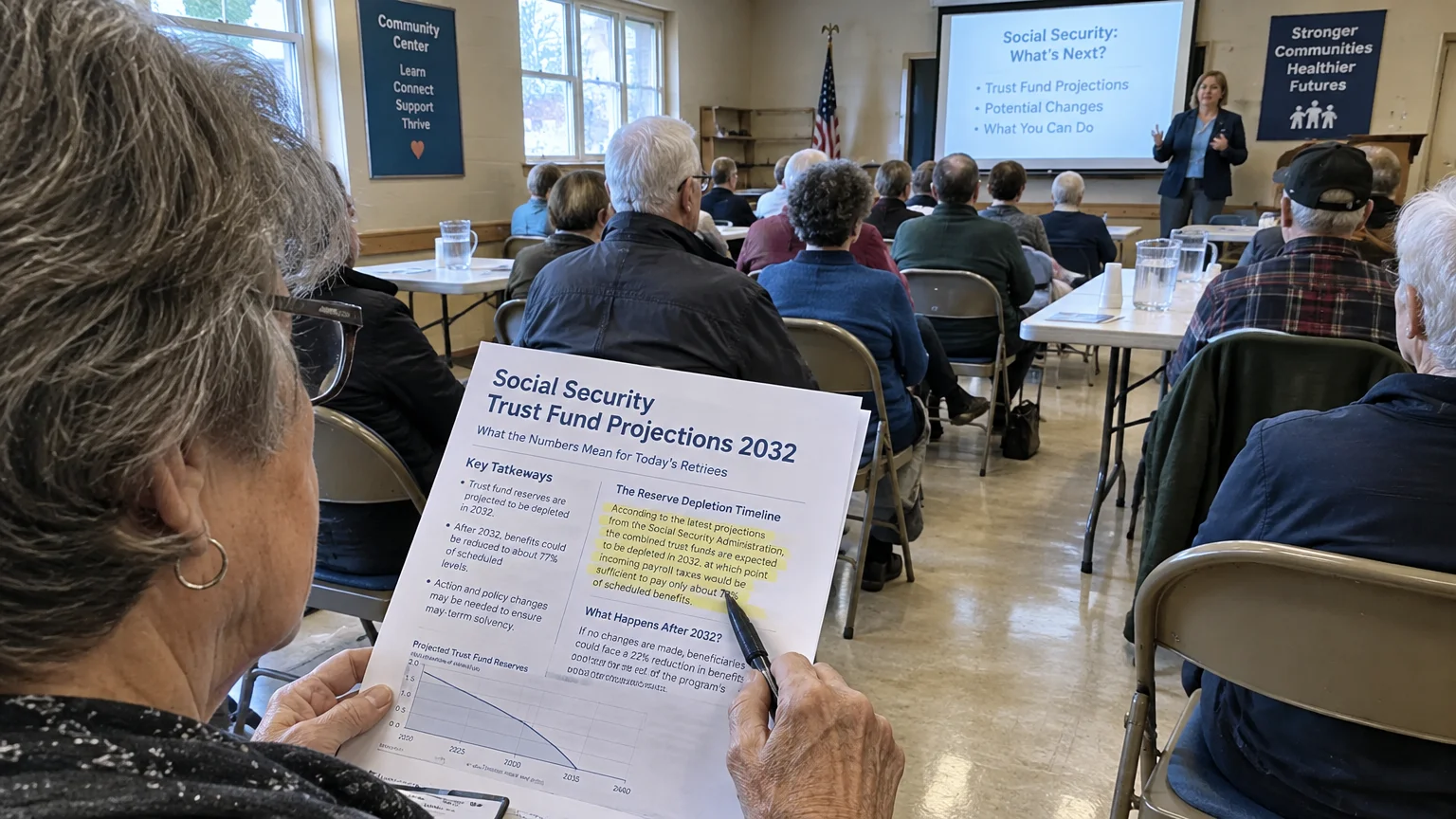 Audience members watch a presentation on Social Security while a person in the foreground holds a projected timeline handout.