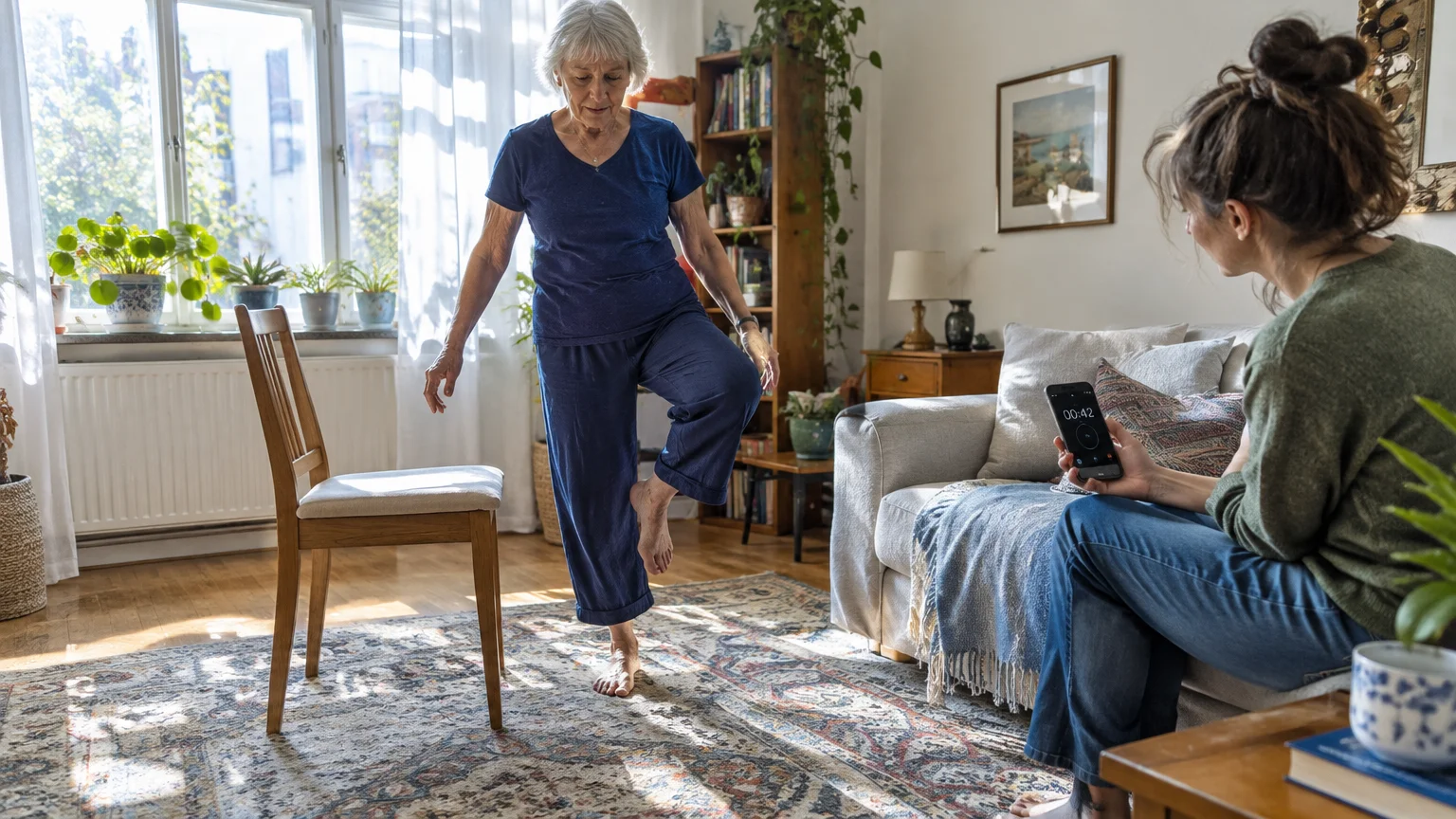 A senior woman balances on one leg beside a chair while a woman on a couch times her with a smartphone.