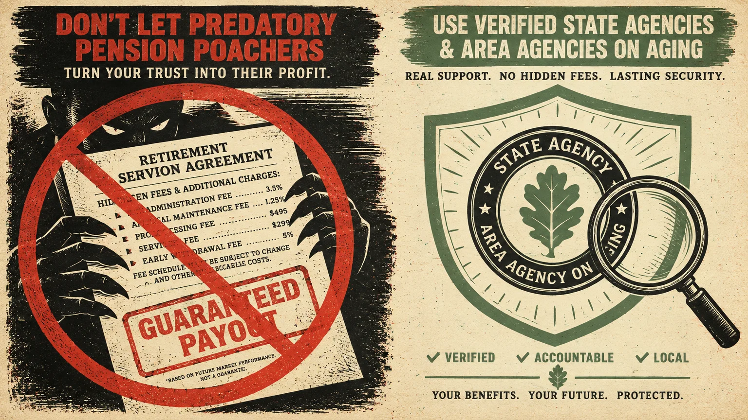 Illustration comparing predatory pension schemes crossed out in red with a verified state agency seal and magnifying glass.