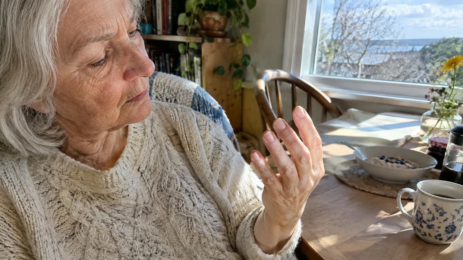 Older woman with gray hair wearing a knit sweater looks closely at her fingers seated at a sunlit breakfast table.