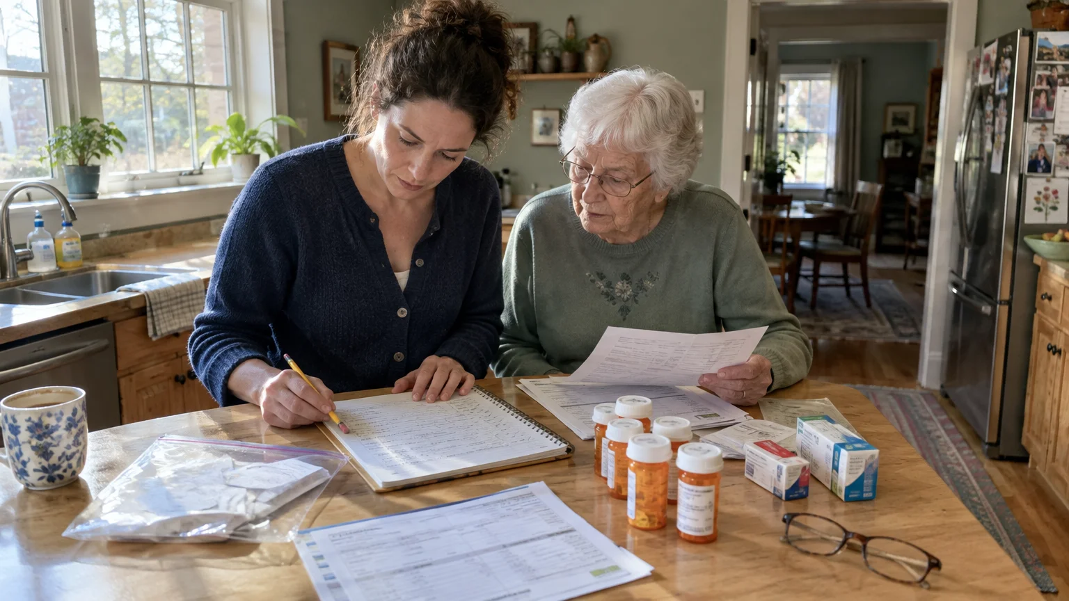 A woman and an elderly woman sit at a kitchen table reviewing paperwork, a notebook, and prescription pill bottles.