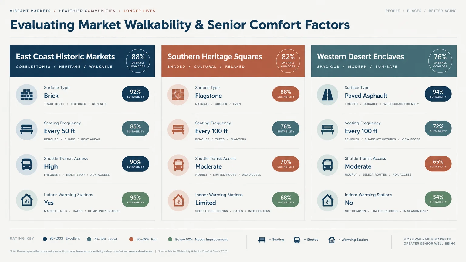 Infographic comparing walkability and senior comfort factors across East Coast, Southern, and Western markets.