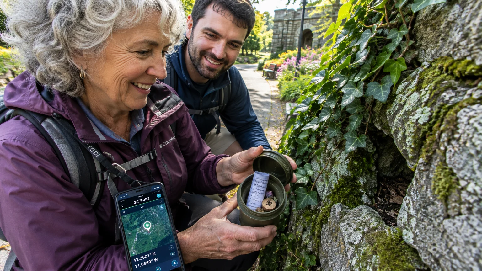 A smiling woman and man crouch by an ivy-covered stone wall, holding an open geocache container and a phone navigation app.