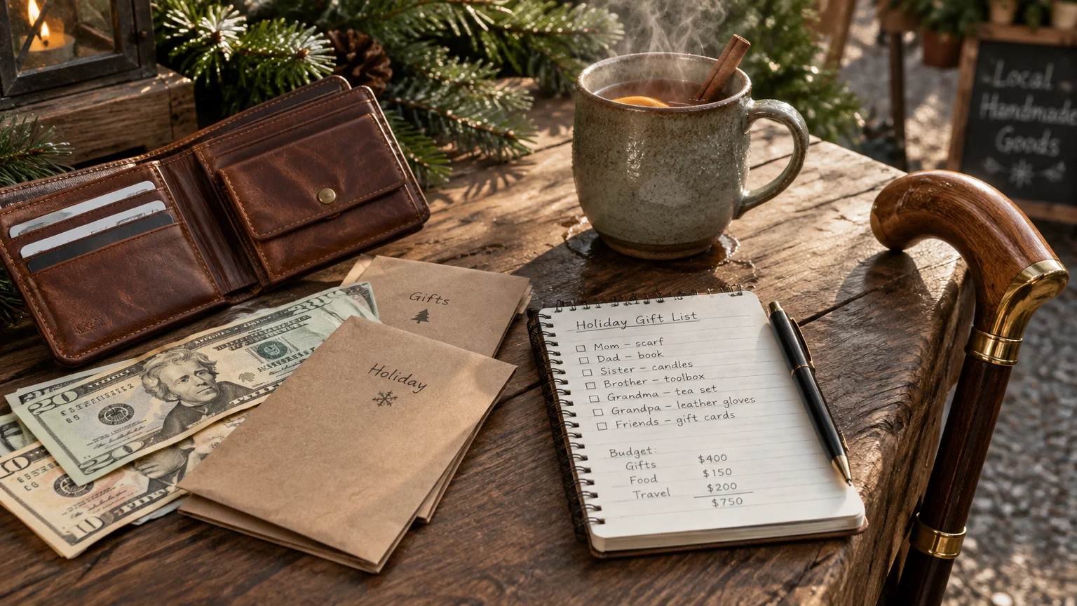 A wallet with cash, budgeting notebook, envelopes, steaming mug, and wooden walking cane resting on an outdoor table.