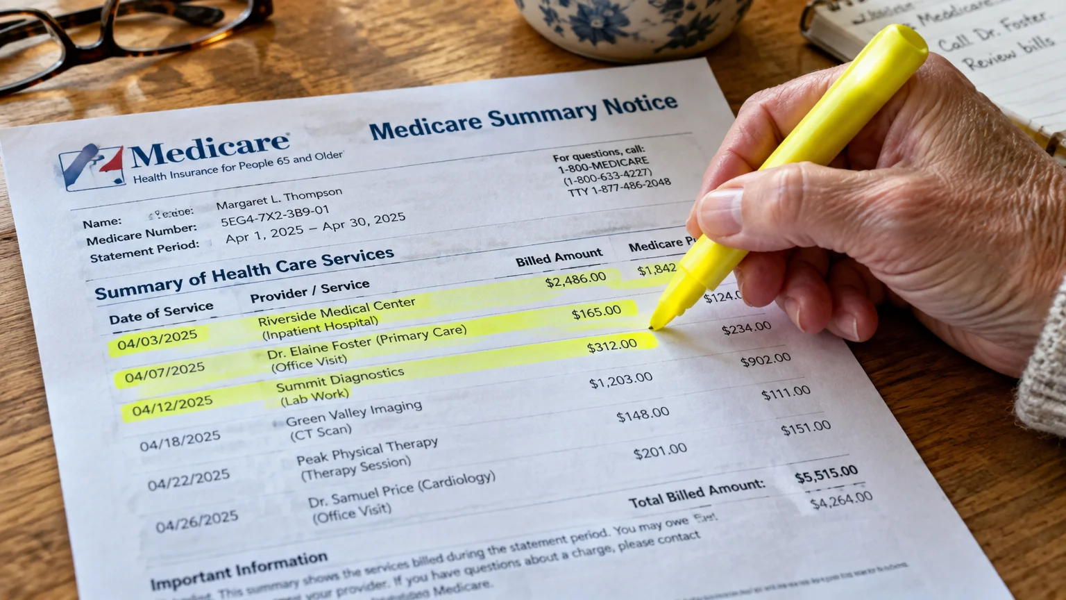 A person using a yellow highlighter to mark itemized claims on a paper Medicare Summary Notice statement.