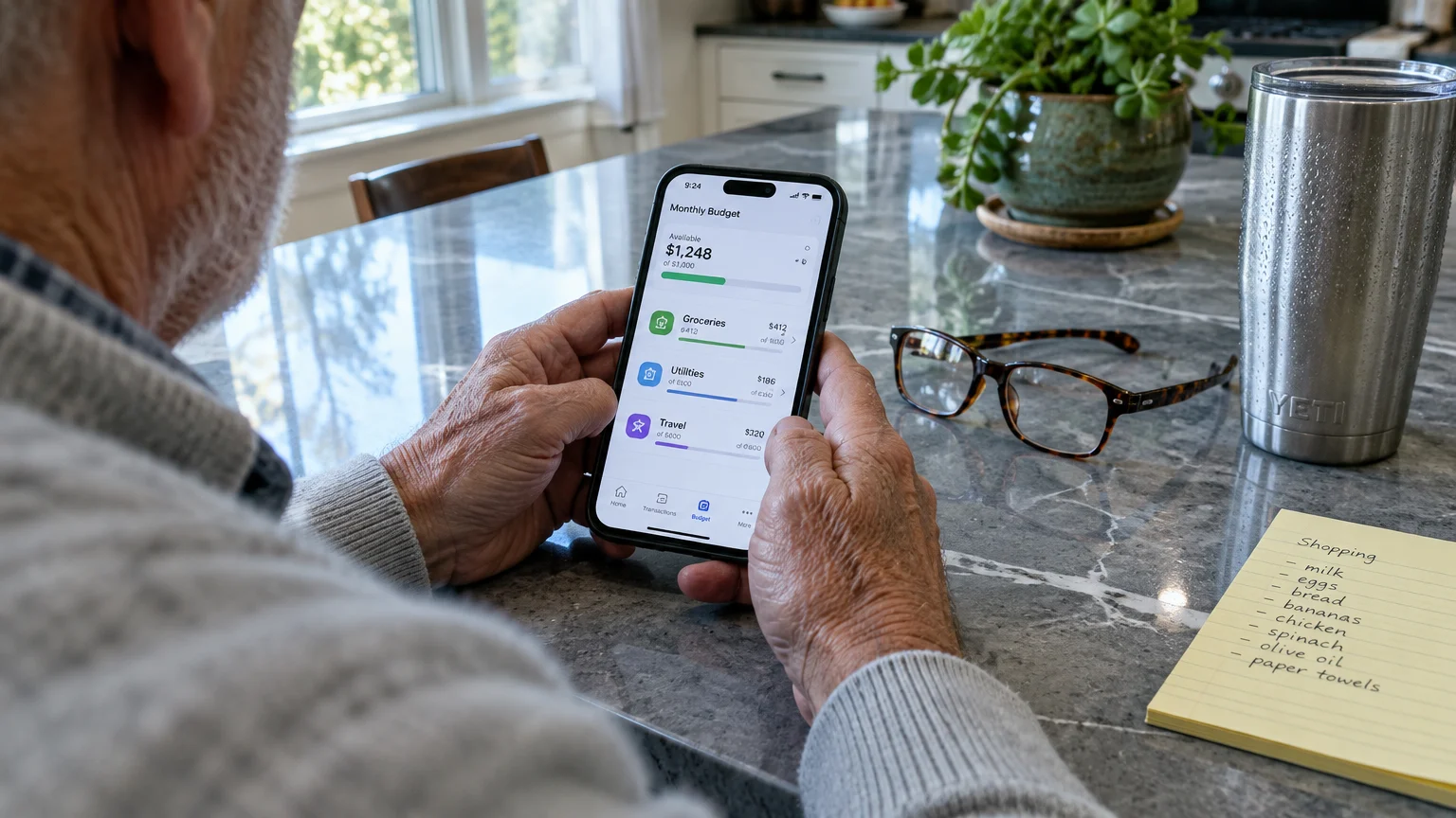 Over-the-shoulder view of an older man checking a monthly budget app on his smartphone at a marble kitchen island.