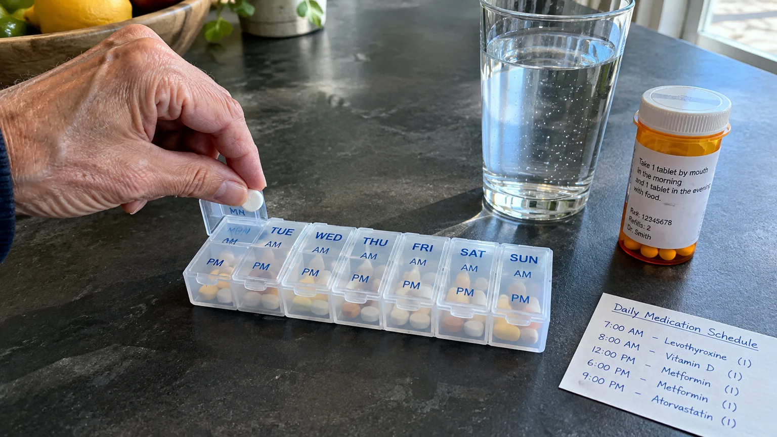 Hand putting a pill in a weekly organizer beside a water glass, prescription bottle, and handwritten schedule.