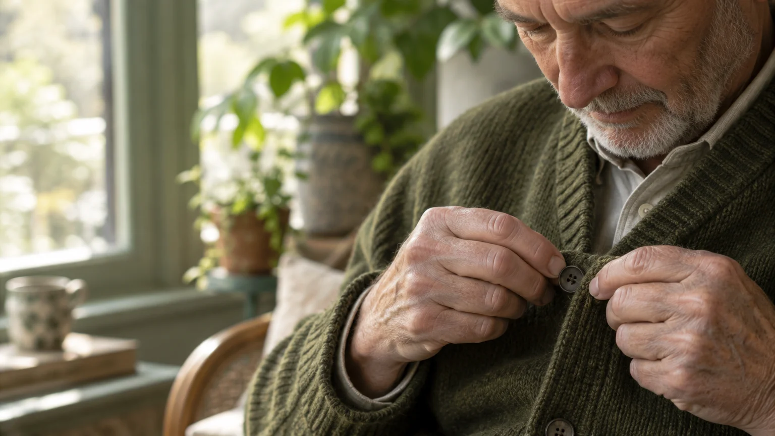 Close-up of an older man with a gray beard buttoning up a green knit cardigan sweater.