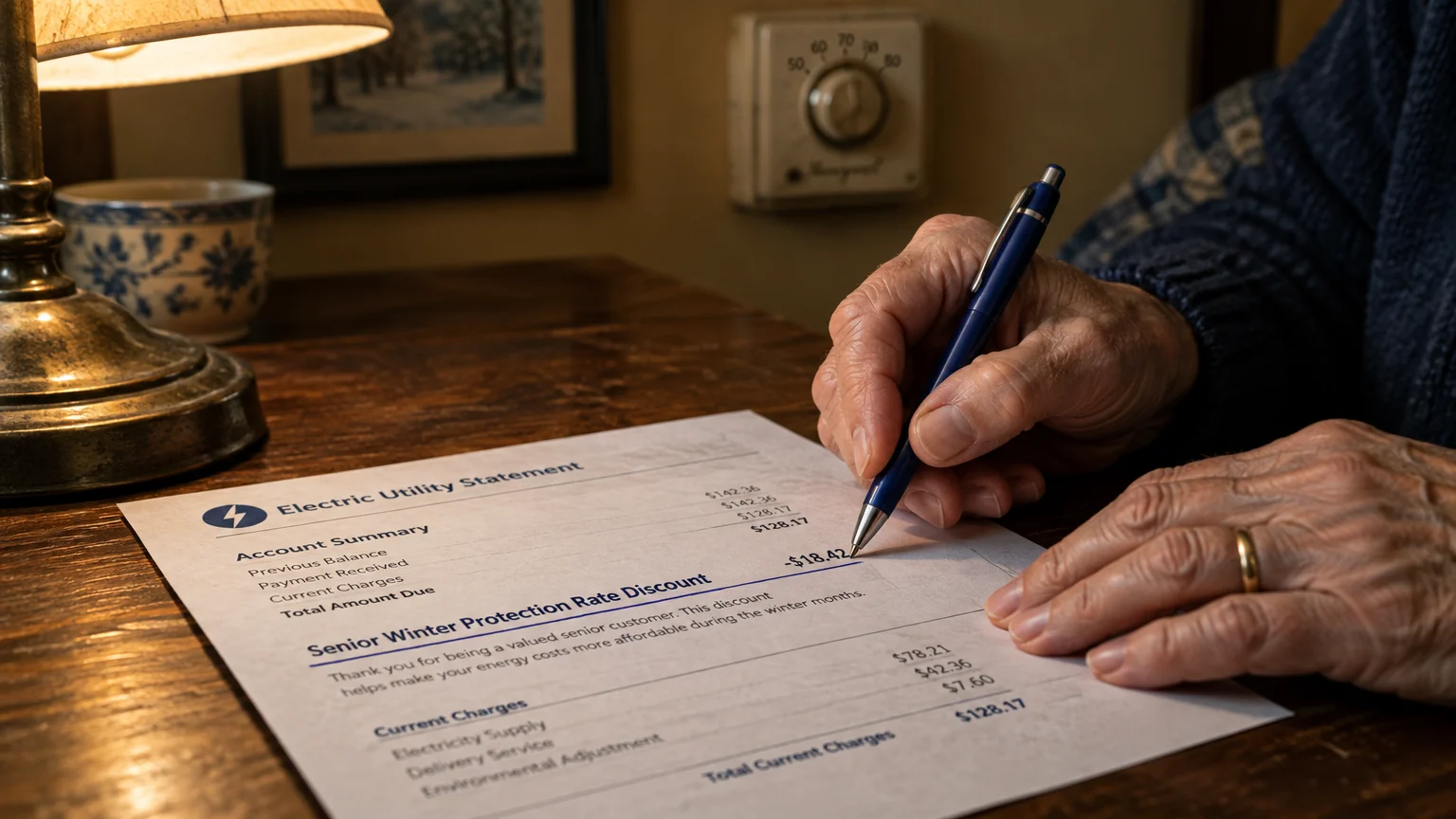 An elderly person points a pen at a Senior Winter Protection Rate Discount on an electric utility statement.