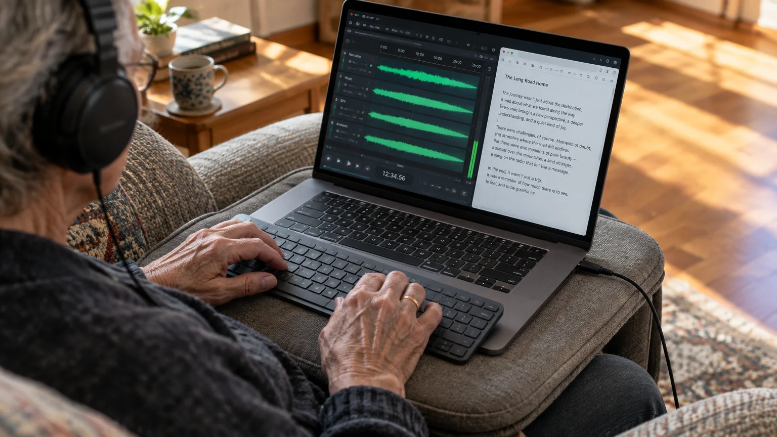 Person with headphones typing on a laptop displaying audio waveforms alongside a text document from an armchair.