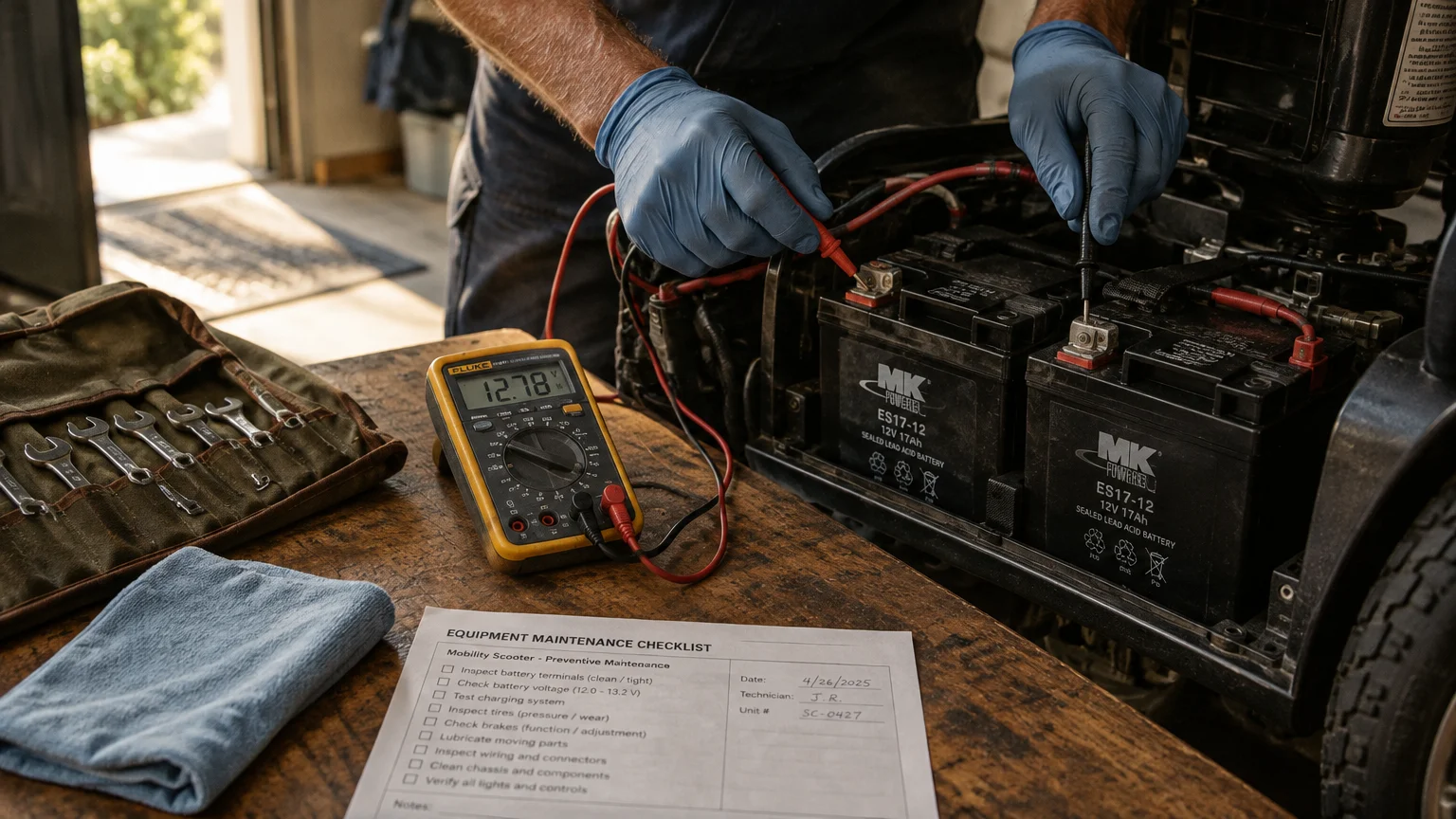 A technician in blue gloves tests mobility scooter batteries with a digital multimeter on a workbench with a checklist.