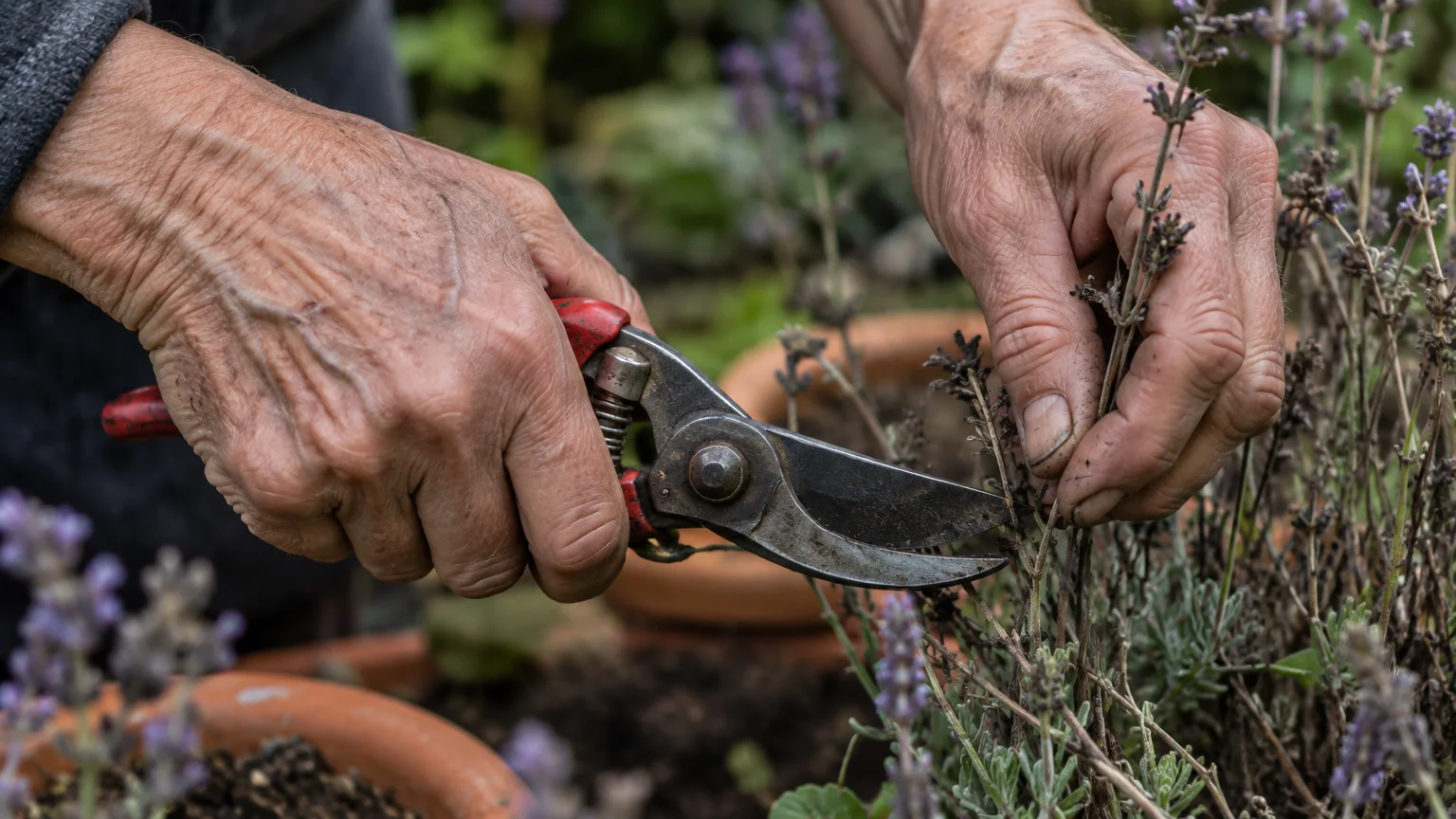 Close-up of an older person's hands using metal pruning shears to trim lavender stems in a terracotta pot.