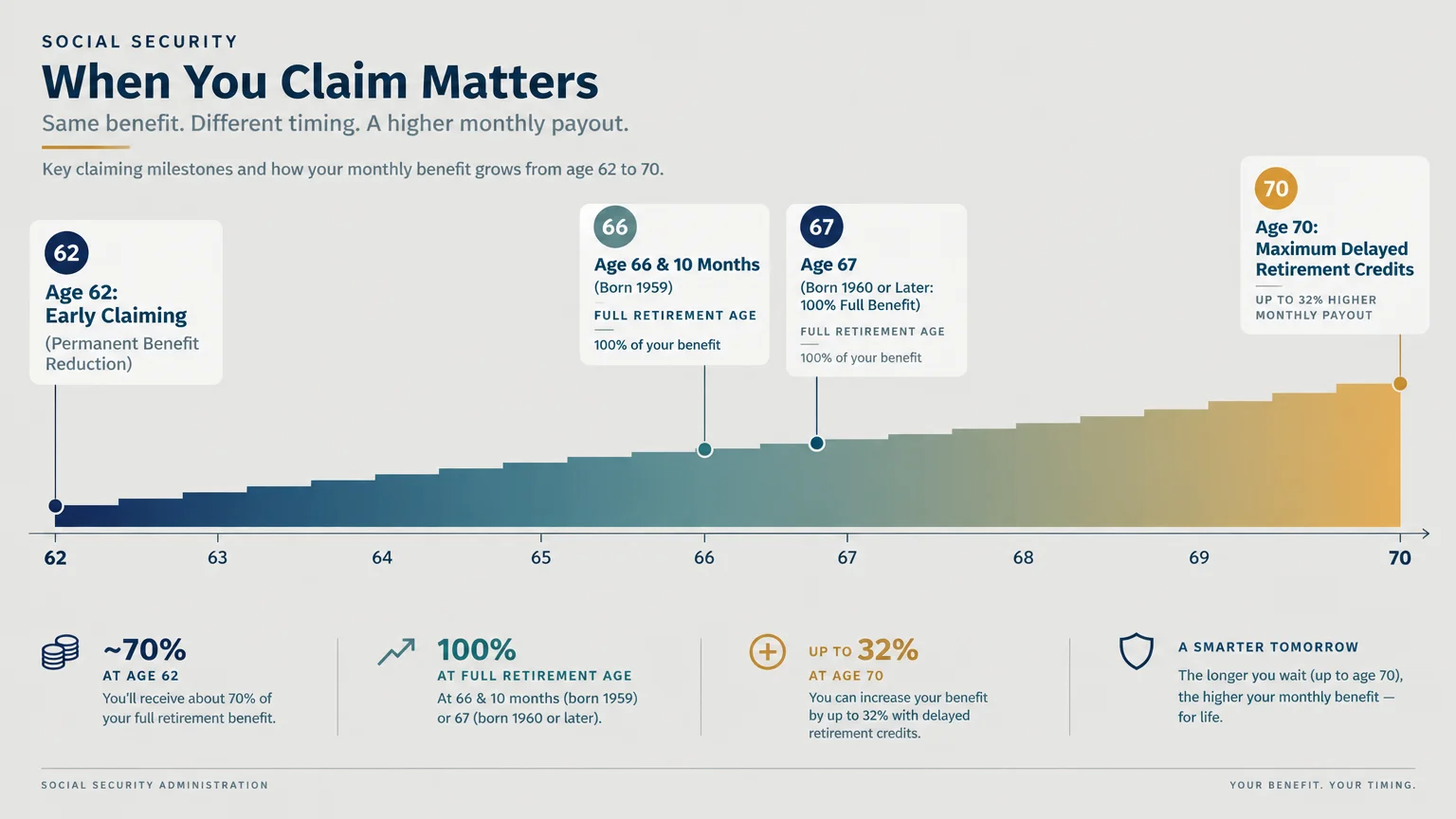 Chart showing monthly Social Security payout percentages increasing progressively from age 62 to age 70.