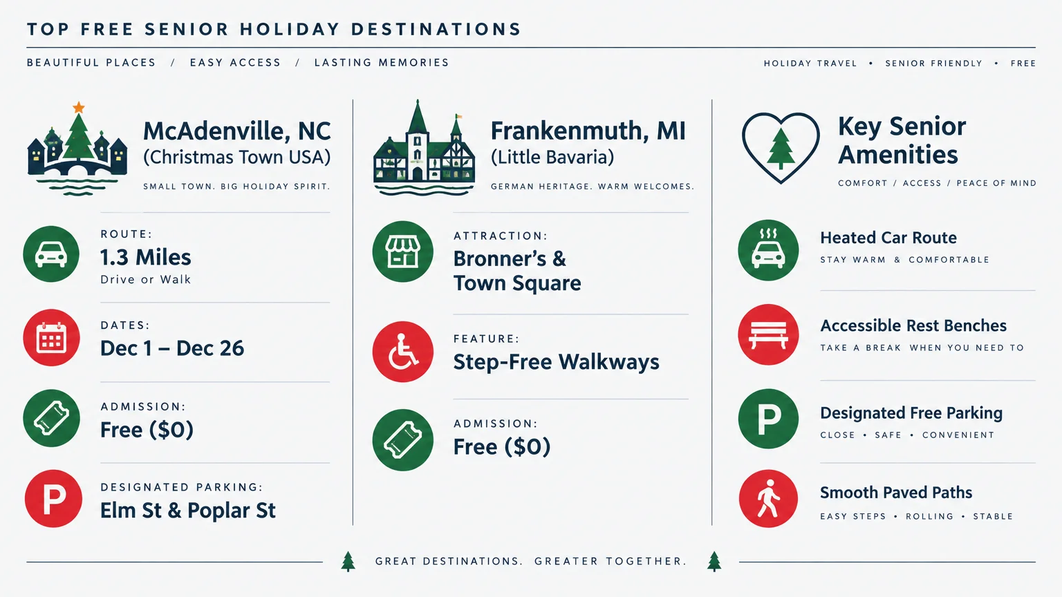 Infographic outlining travel dates, route details, and senior amenities for McAdenville, NC and Frankenmuth, MI.