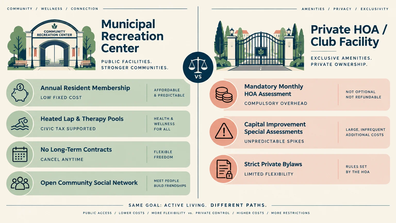 Side-by-side graphic comparing a municipal recreation center with lower costs against a private HOA facility with assessments.
