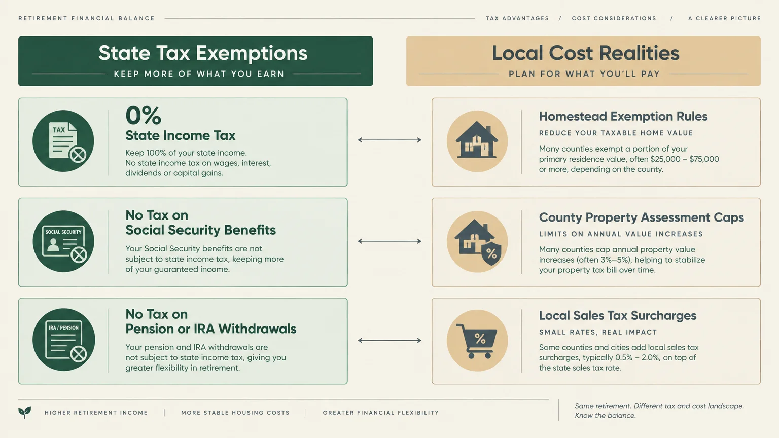 Diagram comparing State Tax Exemptions on the left with Local Cost Realities on the right across three categories.
